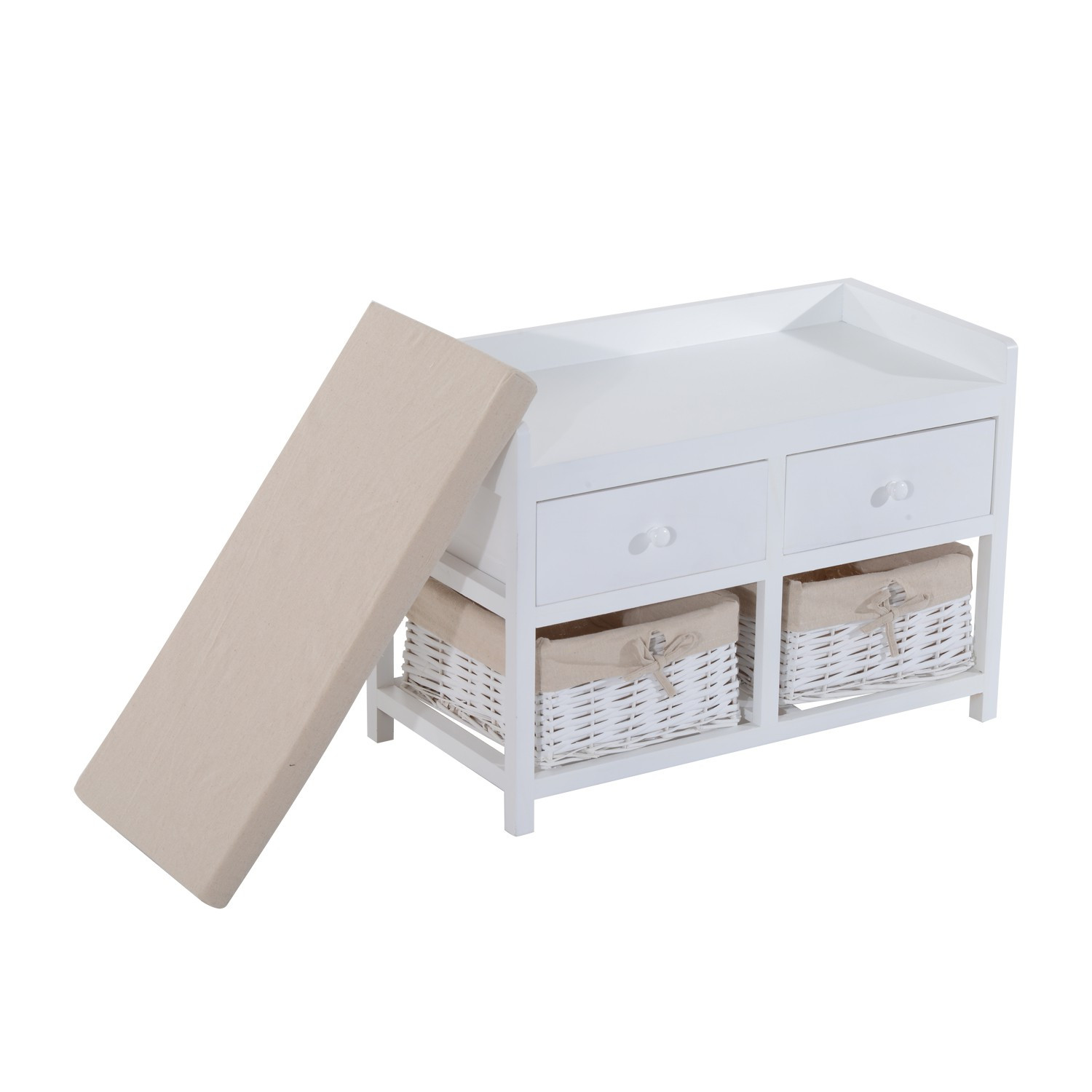 2 Cubby Storage Bench
 Hom 2 Drawer 2 Basket Padded Cubby Bench White Beige