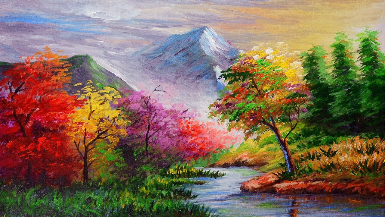Acrylic Painting Landscape
 How to paint step by step basic Landscape with Autumn
