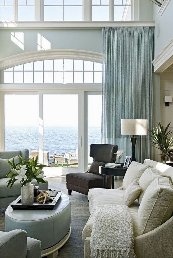 Aqua Curtains Living Room
 A stylish beach living room with an aqua curtain aqua