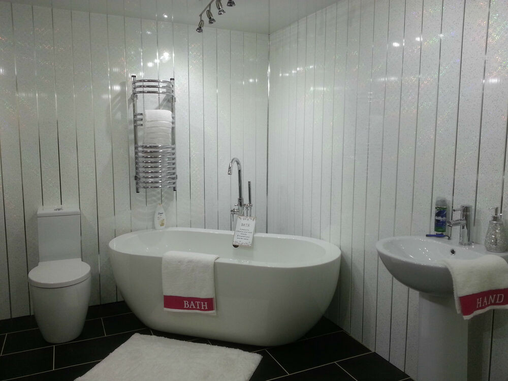 Bathroom Plastic Wall
 4 White Sparkle Chrome Strip Wall Panels PVC Waterproof