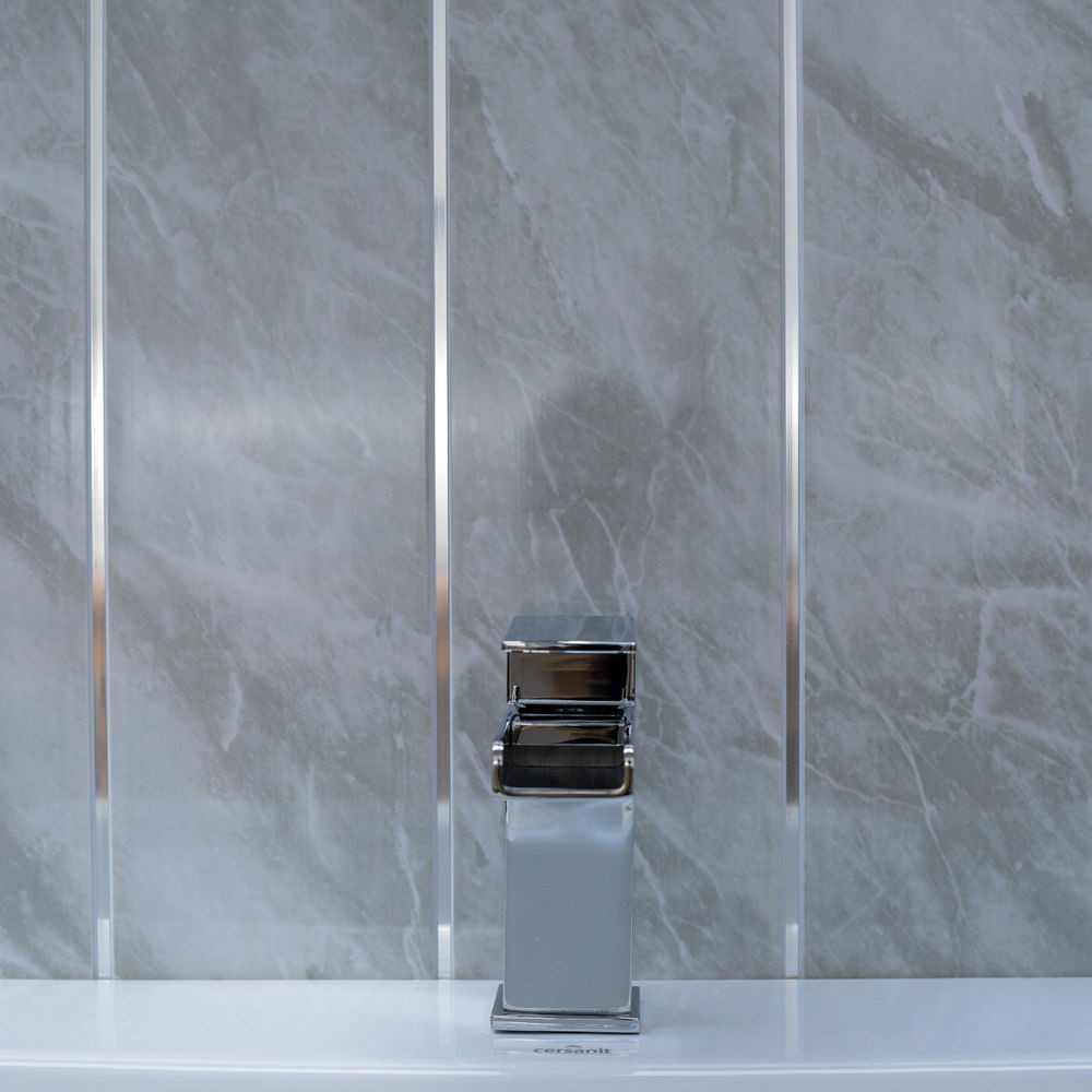 Bathroom Plastic Wall
 Grey Marble & Twin Chrome Strip Bathroom Wall Panels PVC