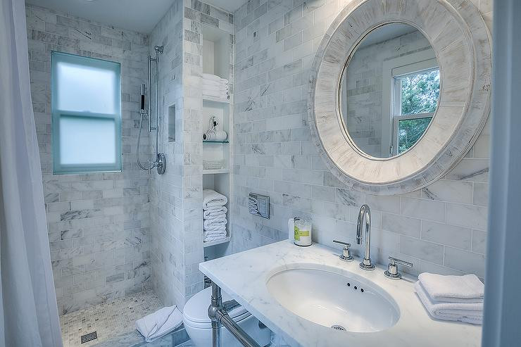 Beach Tile Bathroom
 Beach Cottage Bathroom with Marble Tile Shower and Niche