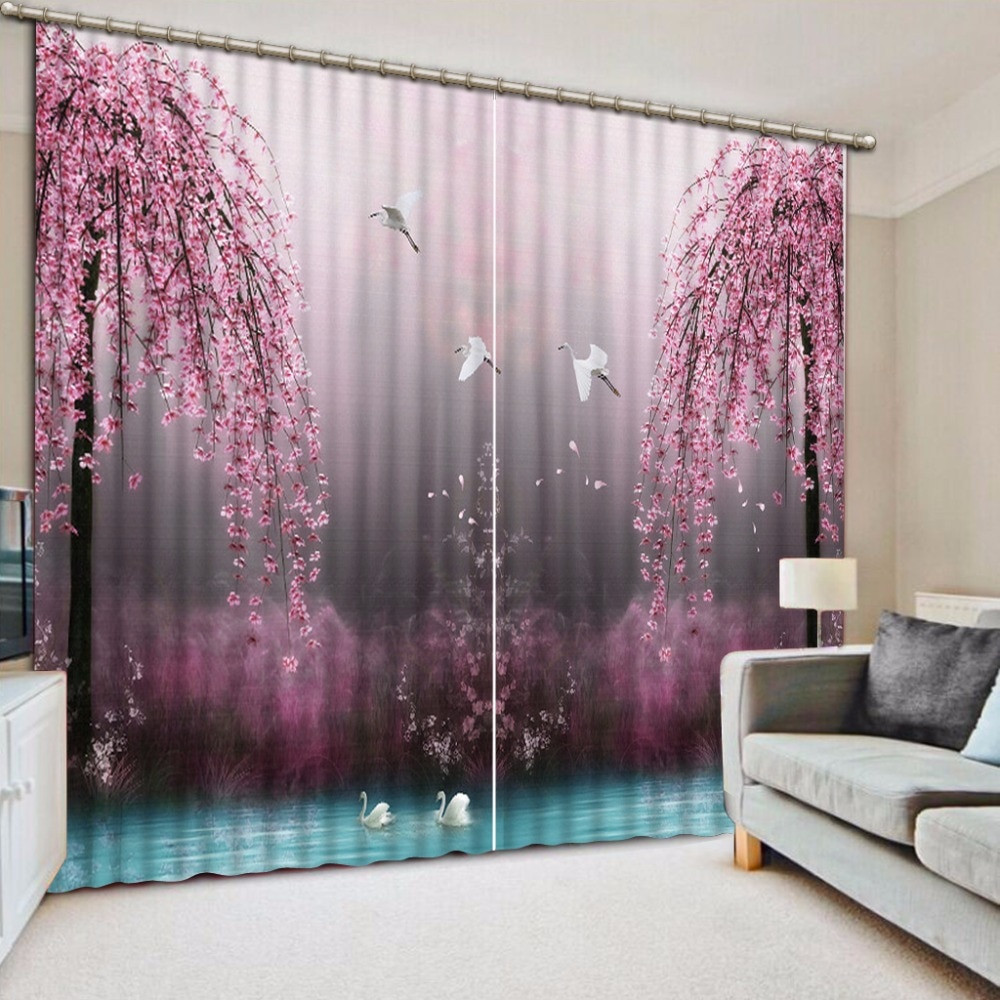 Beautiful Curtains For Living Room
 Elegant Pink Curtains lake swan Decoration Curtains For