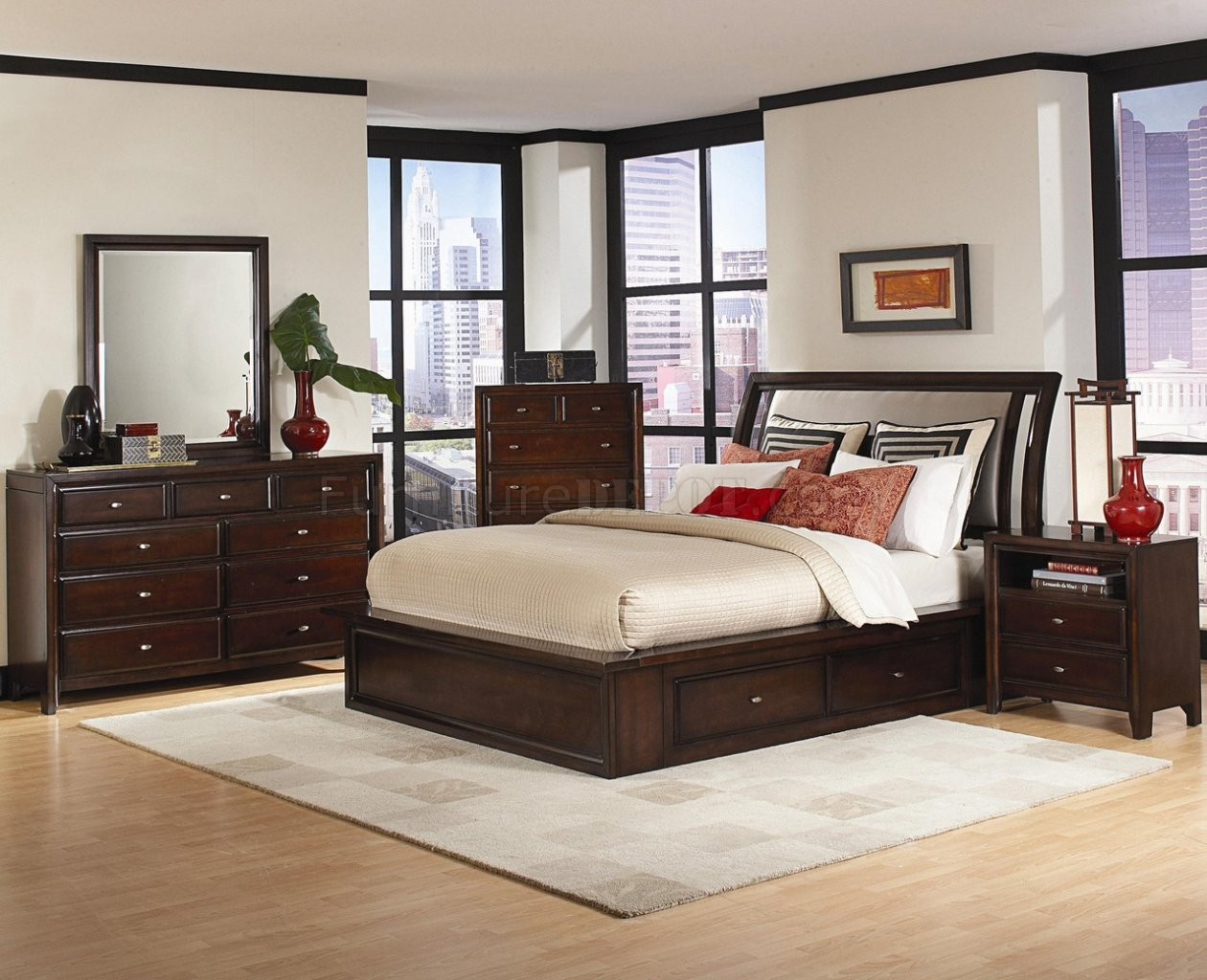 Bedroom Sets With Storage
 Distressed Cherry Finish Contemporary Bedroom W Storage Bed