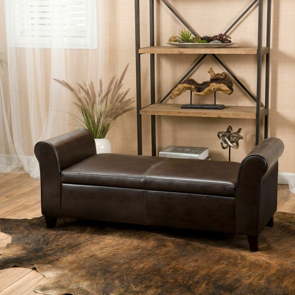 Bench Storage Ottoman
 Contemporary Brown Leather Armed Storage Ottoman Bench