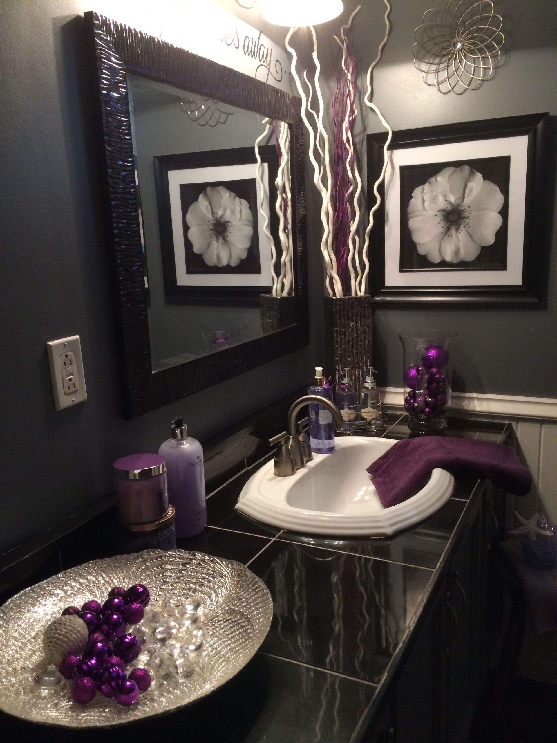 Black And Silver Bathroom Decor
 Black and grey bathroom with lavender accents
