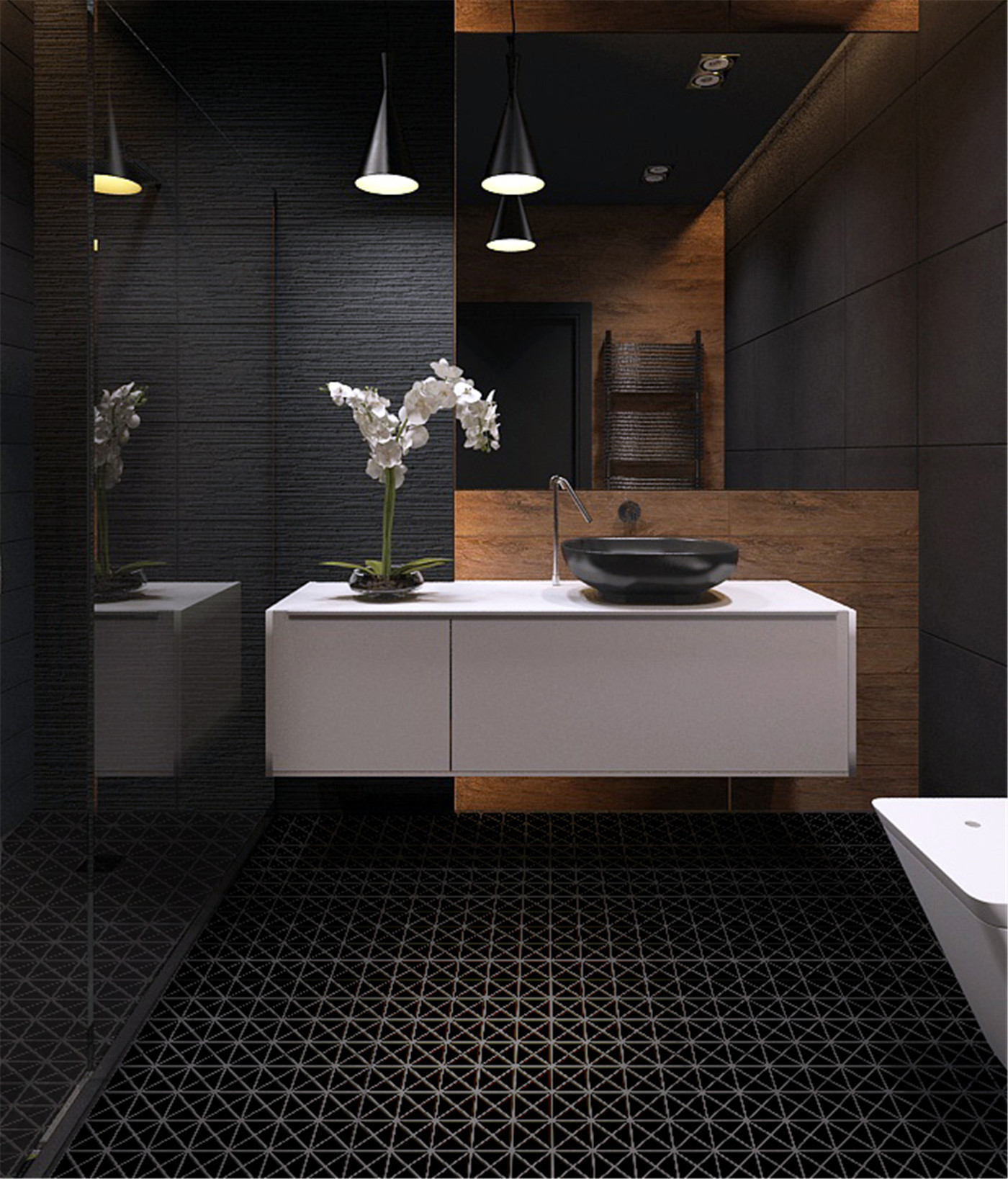 Black Bathroom Tile
 2 Pure Black Matte Porcelain Triangle Mosaic Floor Tile