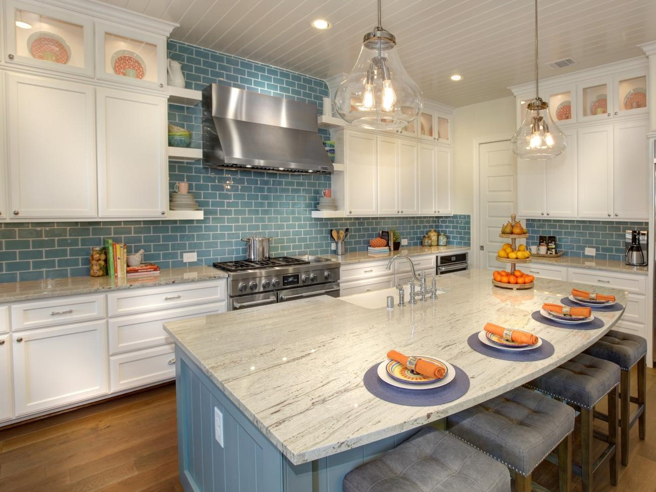 Blue Kitchen Tile
 White kitchen cabinets with blue subway tile backsplash