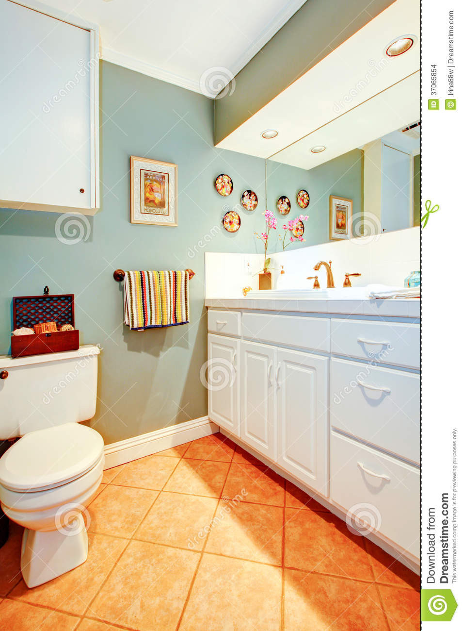 Bright Bathroom Lights
 Bright Cozy Bathroom With White Wood Cabinets Stock
