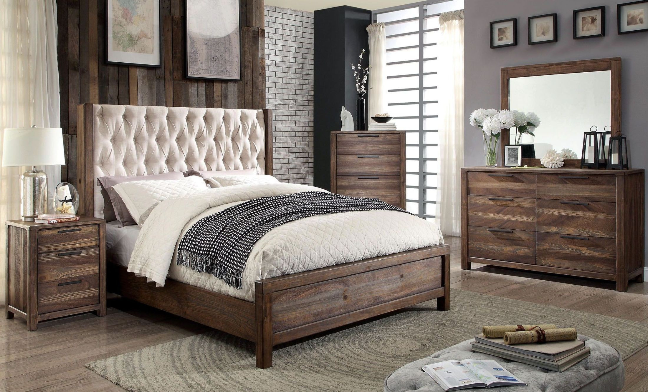 Cheap Rustic Bedroom Furniture Sets
 Hutchinson Rustic Natural Tone Upholstered Panel Bedroom