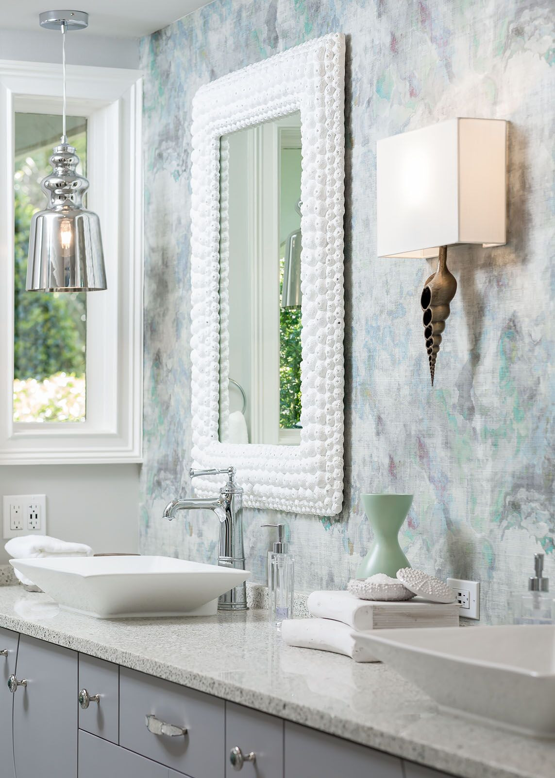 Coastal Bathroom Mirrors
 Coastal bath remodel on the water with white and blue accents