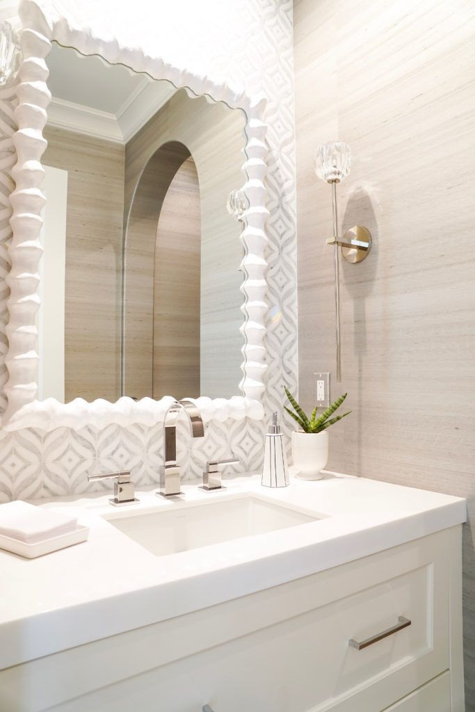 Coastal Bathroom Mirrors
 Grasscloth wallpaper in the powder bathroom unique white