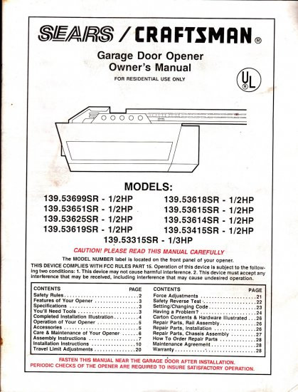 Craftsman Garage Door Opener Manual
 Sears Craftsman garage door opener owners manual models