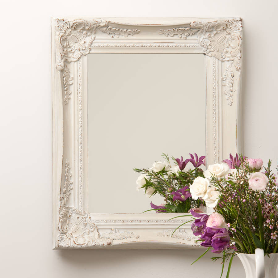 Distressed Bathroom Mirror
 Ornate French Style White Distressed Mirror By Hand