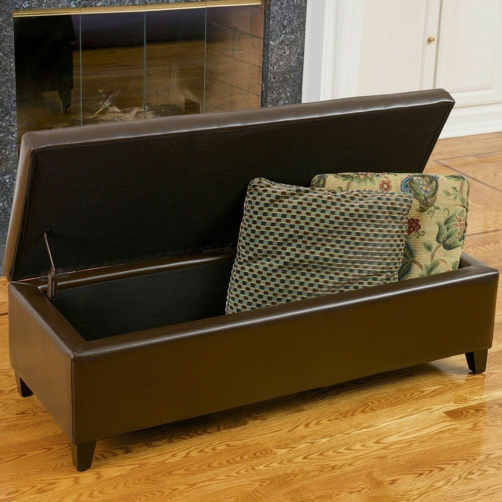 Elegant Storage Bench
 Elegant Brown Leather Storage Ottoman Bench w Flat Top