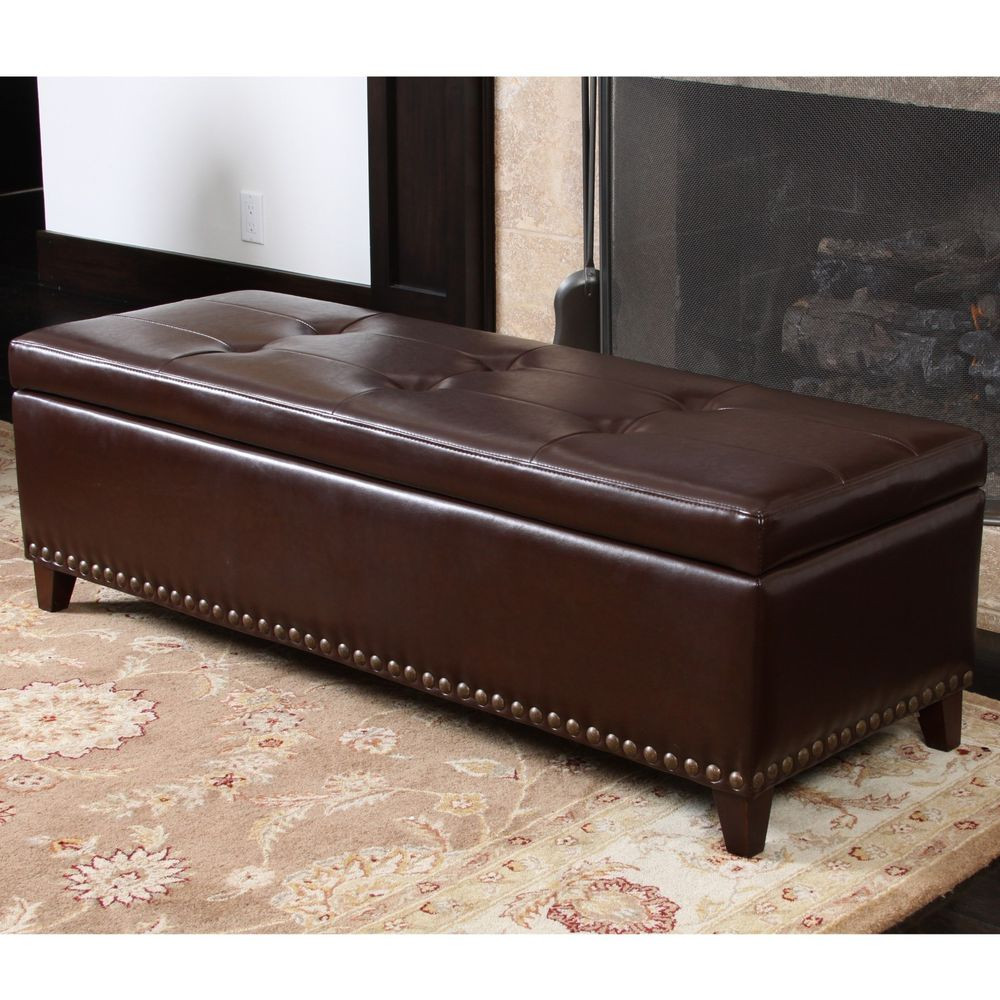 Elegant Storage Bench
 Elegant Brown Leather Storage Ottoman Bench w Tufted Top