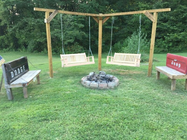 Fire Pit Swing Plans
 Double swing and tailgate benches around our fire pit