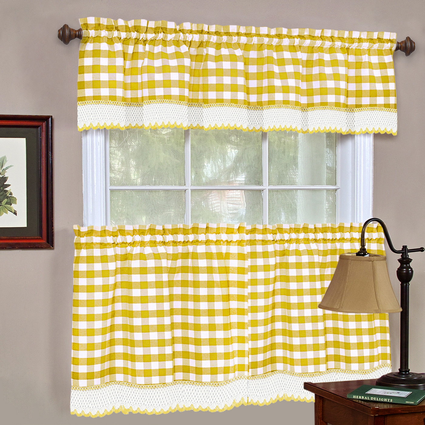 Gingham Kitchen Curtains
 Window Curtain Tier Pair & Valance 3PC Set Checked Plaid