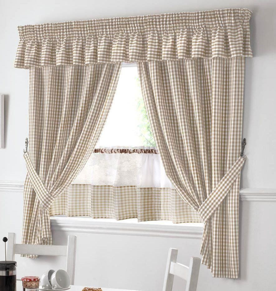 Gingham Kitchen Curtains
 BEIGE AND WHITE GINGHAM KITCHEN CURTAINS PELMET & 18” CAFE