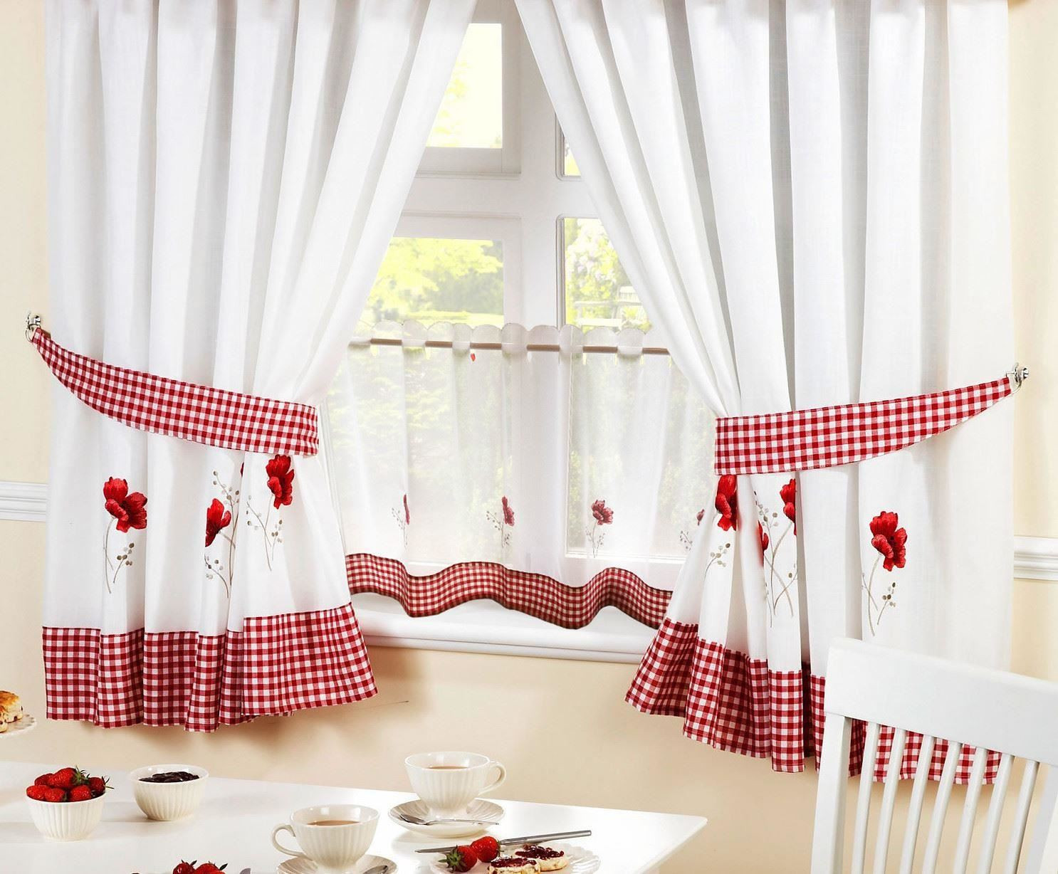 Gingham Kitchen Curtains
 POPPIES RED EMBROIDERED GINGHAM KITCHEN CURTAINS & 24