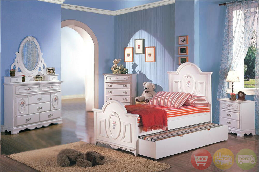 Girls White Bedroom Furniture Set
 White Wood Girls Twin Bed Kids 4 Piece Bedroom Furniture