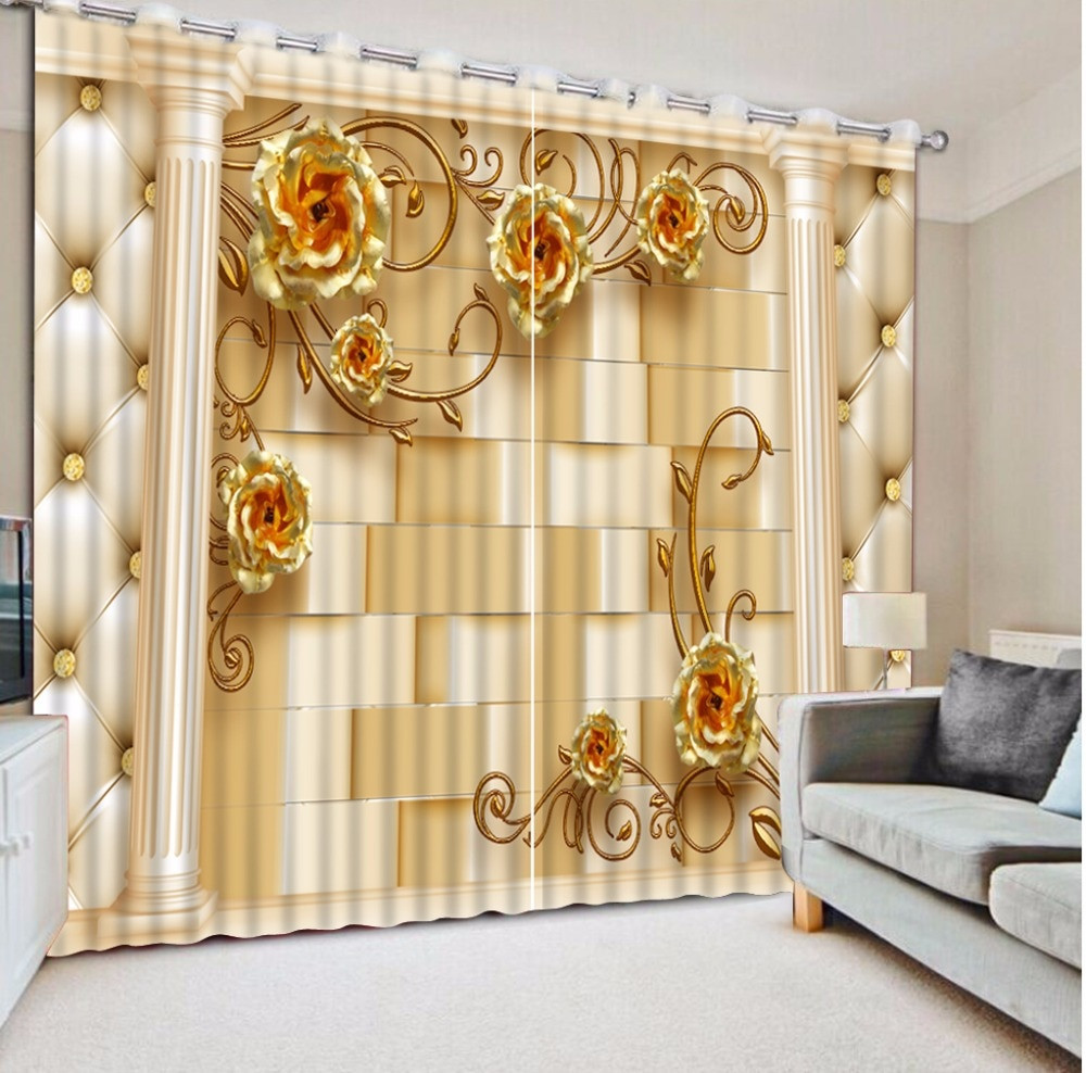 Gold Curtains Living Room
 Gold rose Blackout 3D Curtains For Bedroom Living room