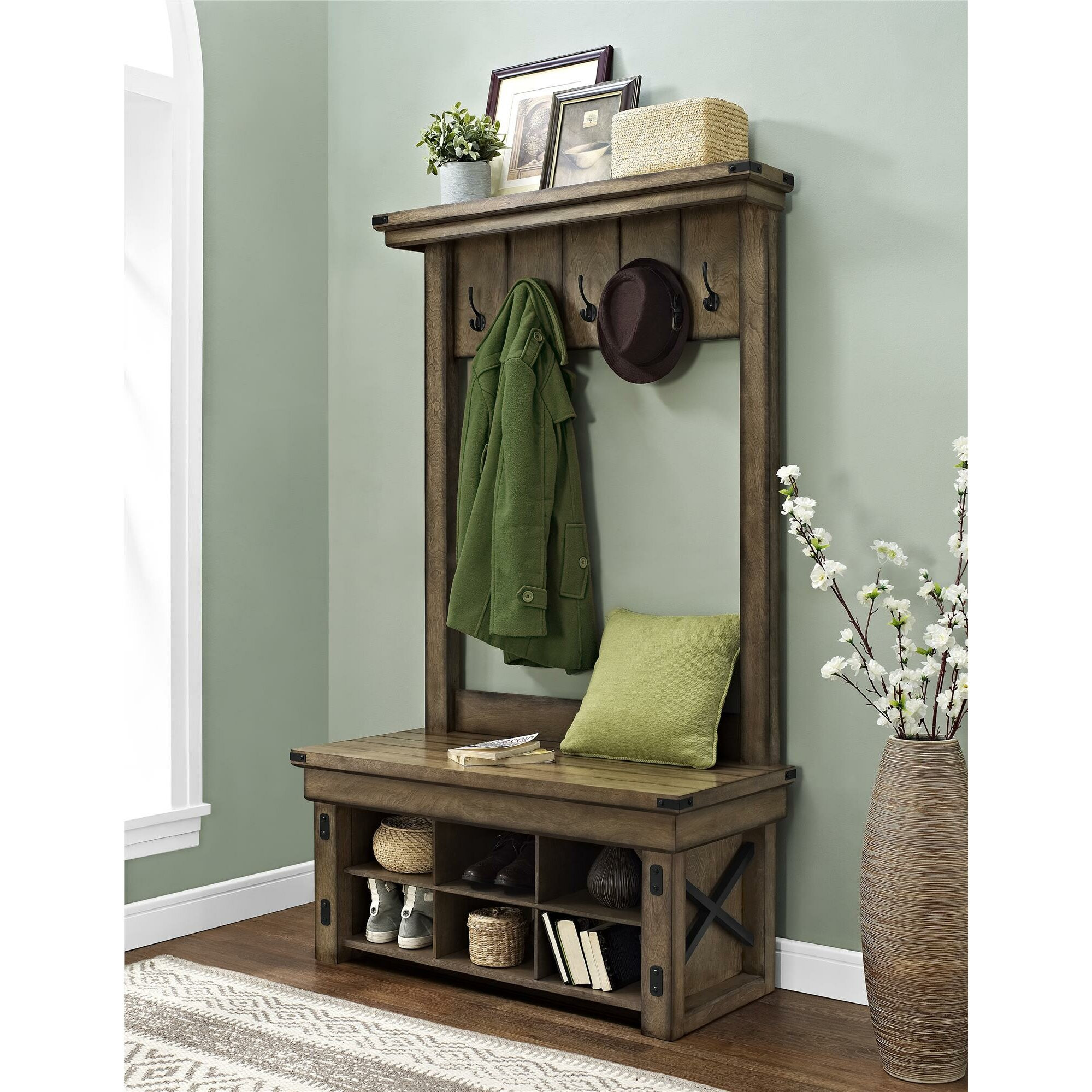 Hall Bench With Storage
 Irwin Wood Veneer Entryway Hall Tree with Storage Bench