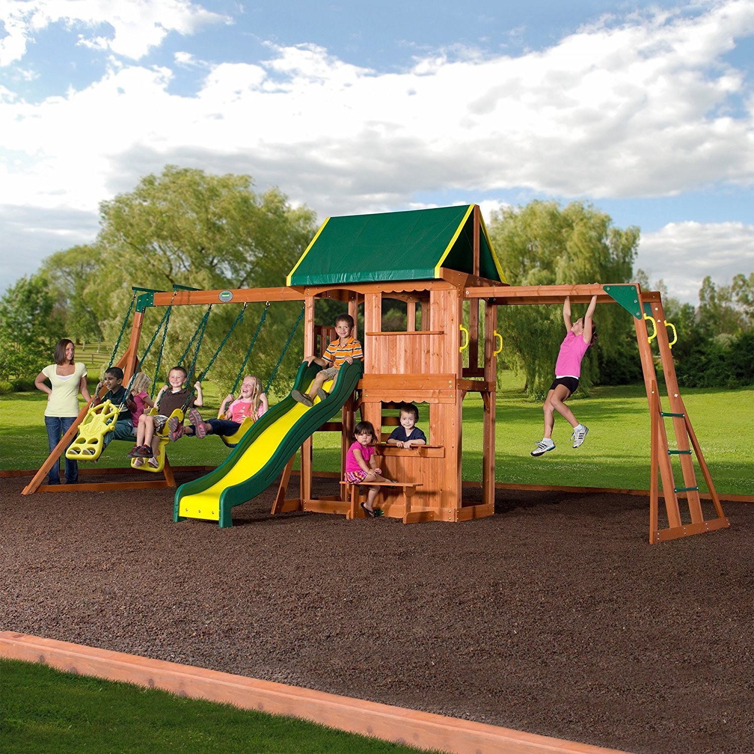 Kids Backyard Swing Sets
 Playground Set For Kids Canopy Outdoor Wood Swing Children