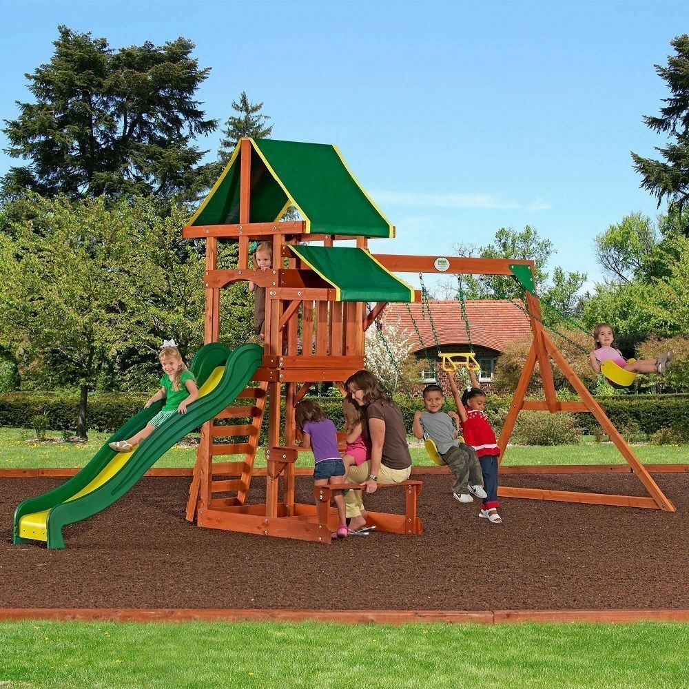Kids Outdoor Swing
 Outdoor Playground Playset Wooden Swing Set Slide Backyard