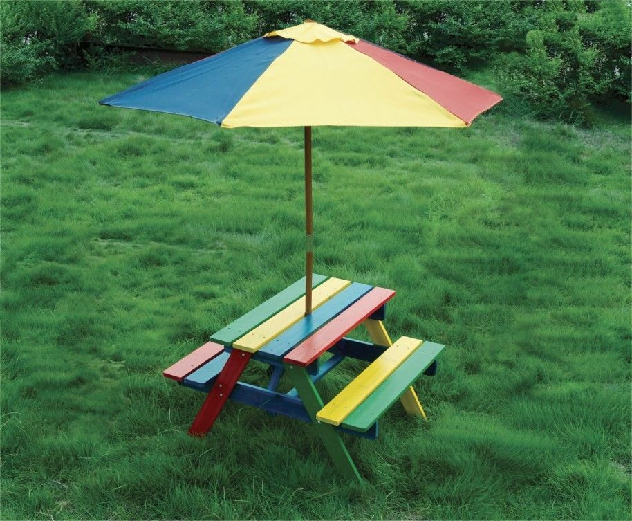 Kids Outdoor Table And Bench
 Wooden Rainbow Garden Picnic Table Bench Parasol Set Kids