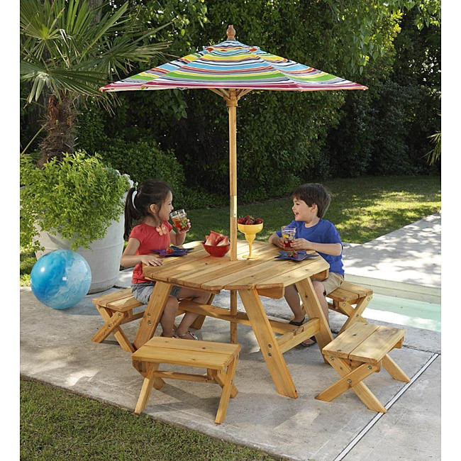 Kids Outdoor Table And Bench
 Octagon Table & 4 Benches with Multi striped Umbrella