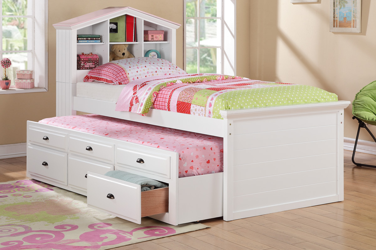 Kids Storage Bed
 White Kids Girls Bookcase Twin Bed Storage Trundle Drawers