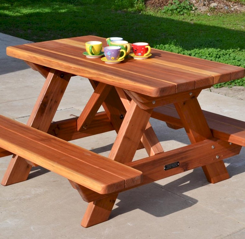 Kids Wooden Picnic Table
 Kid Size Wood Picnic Table with Attached Benches