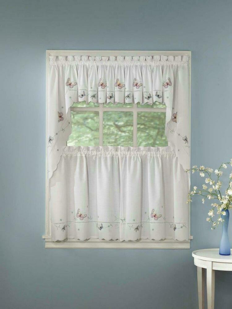 Kitchen Curtain Swag
 Monarch Embroidered Butterfly White Kitchen Curtains