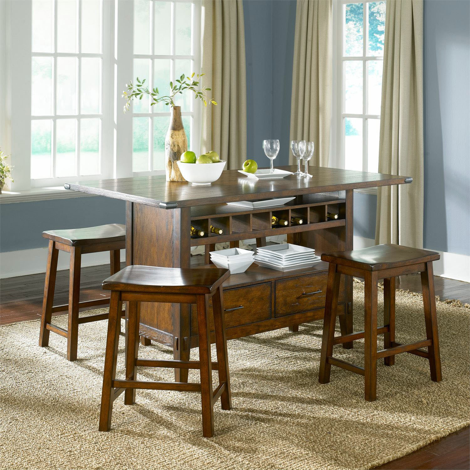 Kitchen Tables With Storage
 Oak Planked Counter Height Dining Table with Wine Storage