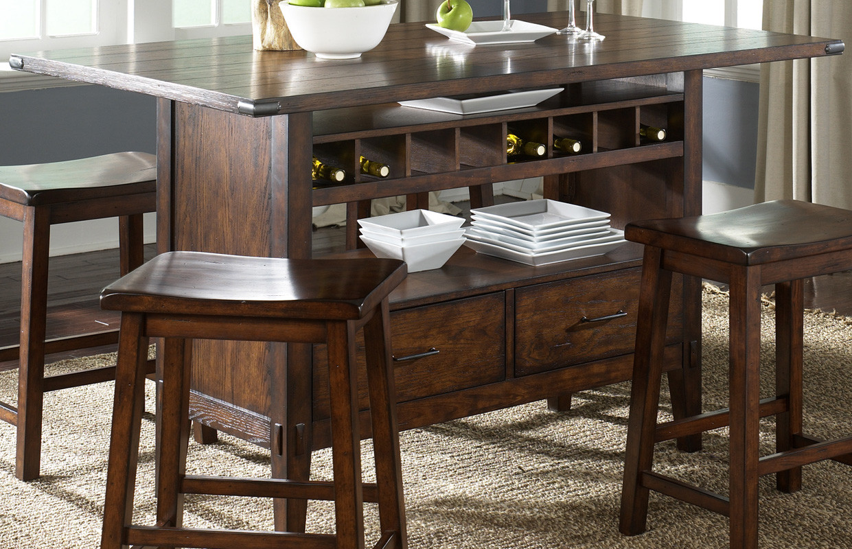 Kitchen Tables With Storage
 Oak Planked Counter Height Dining Table with Wine Storage
