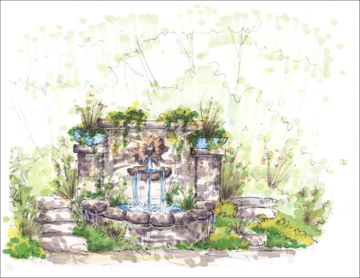 Landscape Fountain Sketch Perspective Drawings
