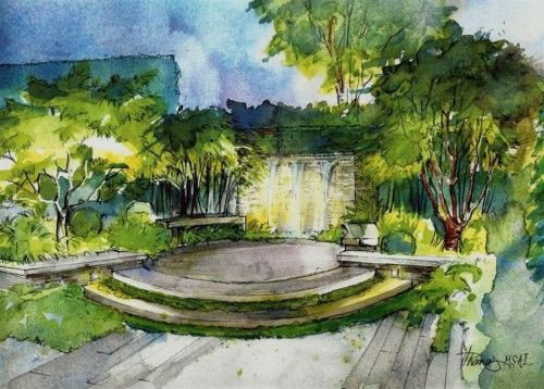 Landscape Fountain Sketch beautiful hand drawn perspectives by Helen Thomas Garden