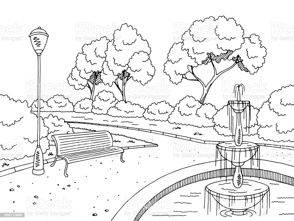 Landscape Fountain Sketch Park Fountain Graphic Black White Landscape Sketch