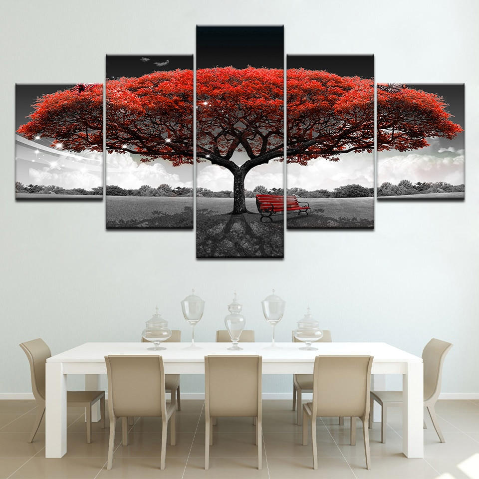Large Bedroom Wall Art
 5 panel Printed red tree art scenery landscape modular