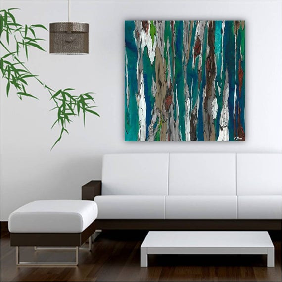 Large Bedroom Wall Art
 Very LARGE Teal Wall Art print abstract landscape trees by