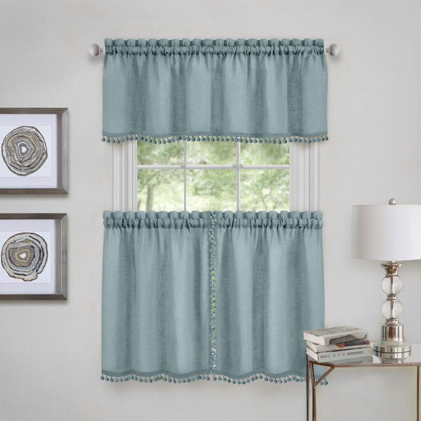 Light Blue Kitchen Curtains
 PowerSellerUSA Pom Pom Curtains Perfect Tier Pair and