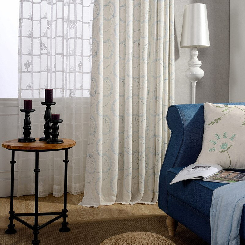 Light Blue Kitchen Curtains
 Slow Soul Ring Chain Embroidered Cotton Light Blue Beige