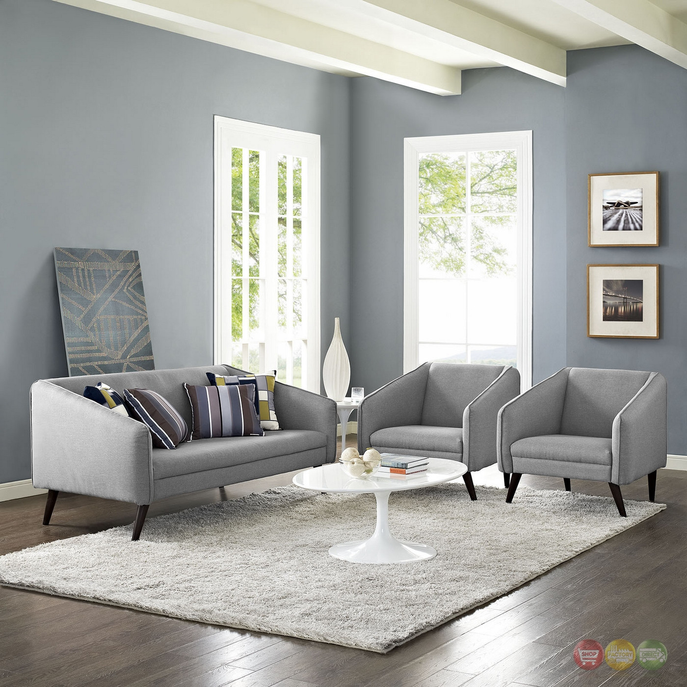 Light Gray Living Room
 Slide Modern 3 pc Upholstered Sofa & Armchairs Living Room