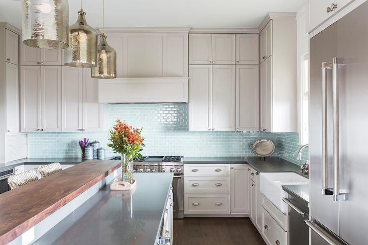 Light Gray Subway Tile Kitchen
 Light Gray Kitchen Cabinets with Aqua Mini Glass Tile