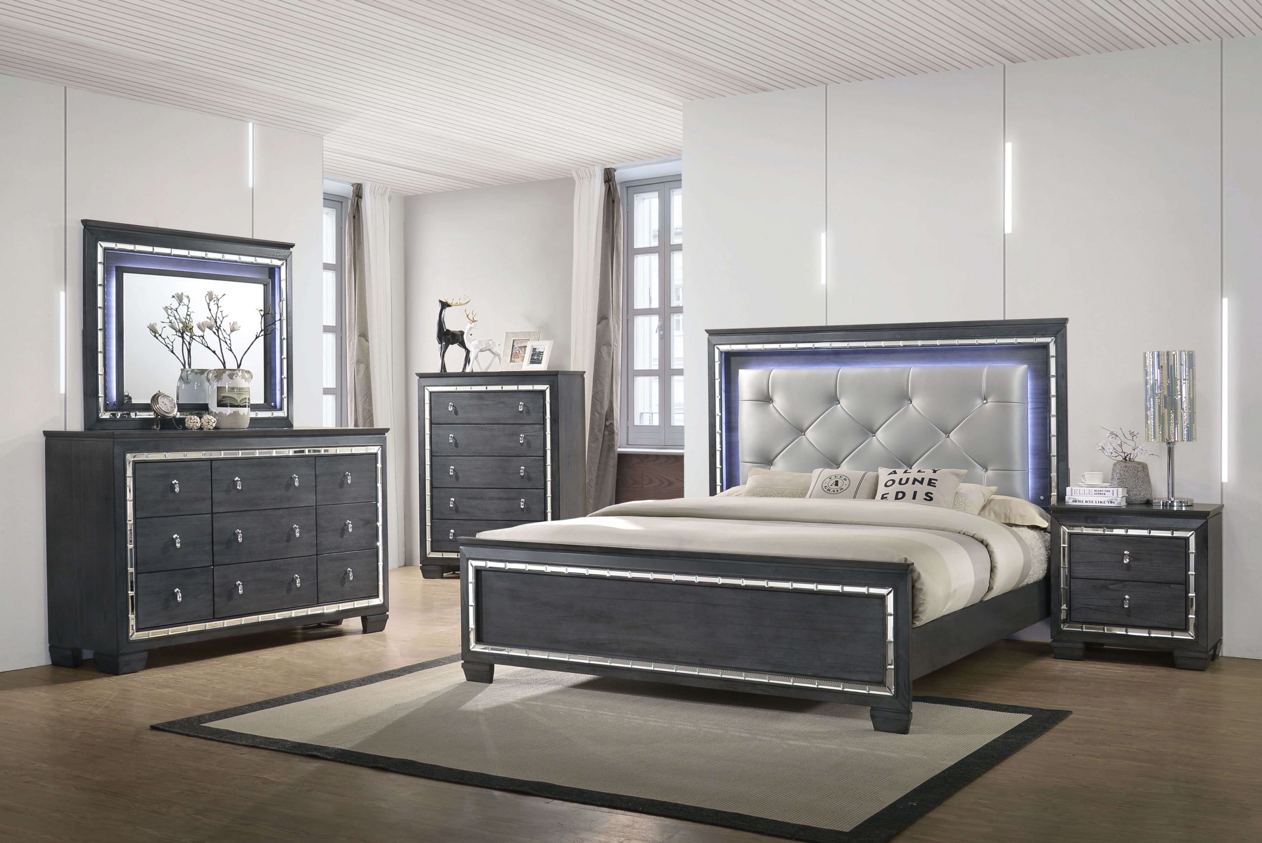 bedroom furniture with lights in headboard