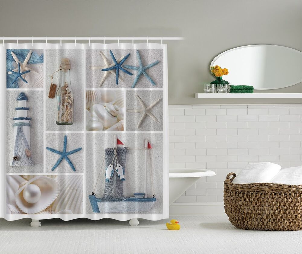 Lighthouses Bathroom Accessories
 Starfish Lighthouse Graphic Shower Curtain Nautical Bottel
