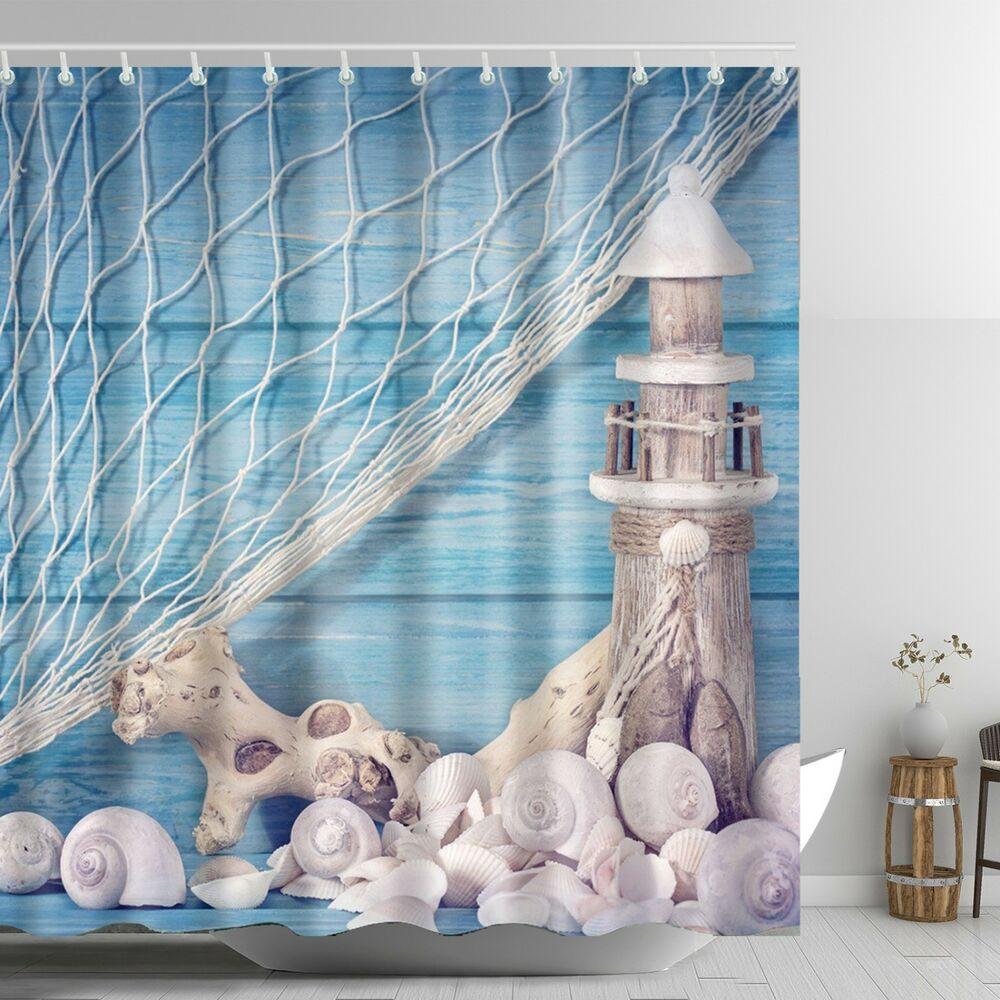 Lighthouses Bathroom Accessories
 Lighthouse Shower Curtain Seashell Conch Wooden Dock
