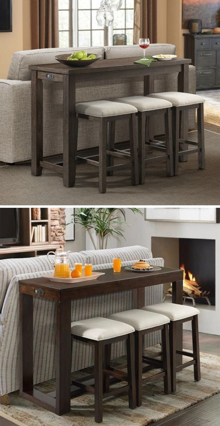 Living Room Bar Table
 Place this bar height table and stool set behind a sofa or