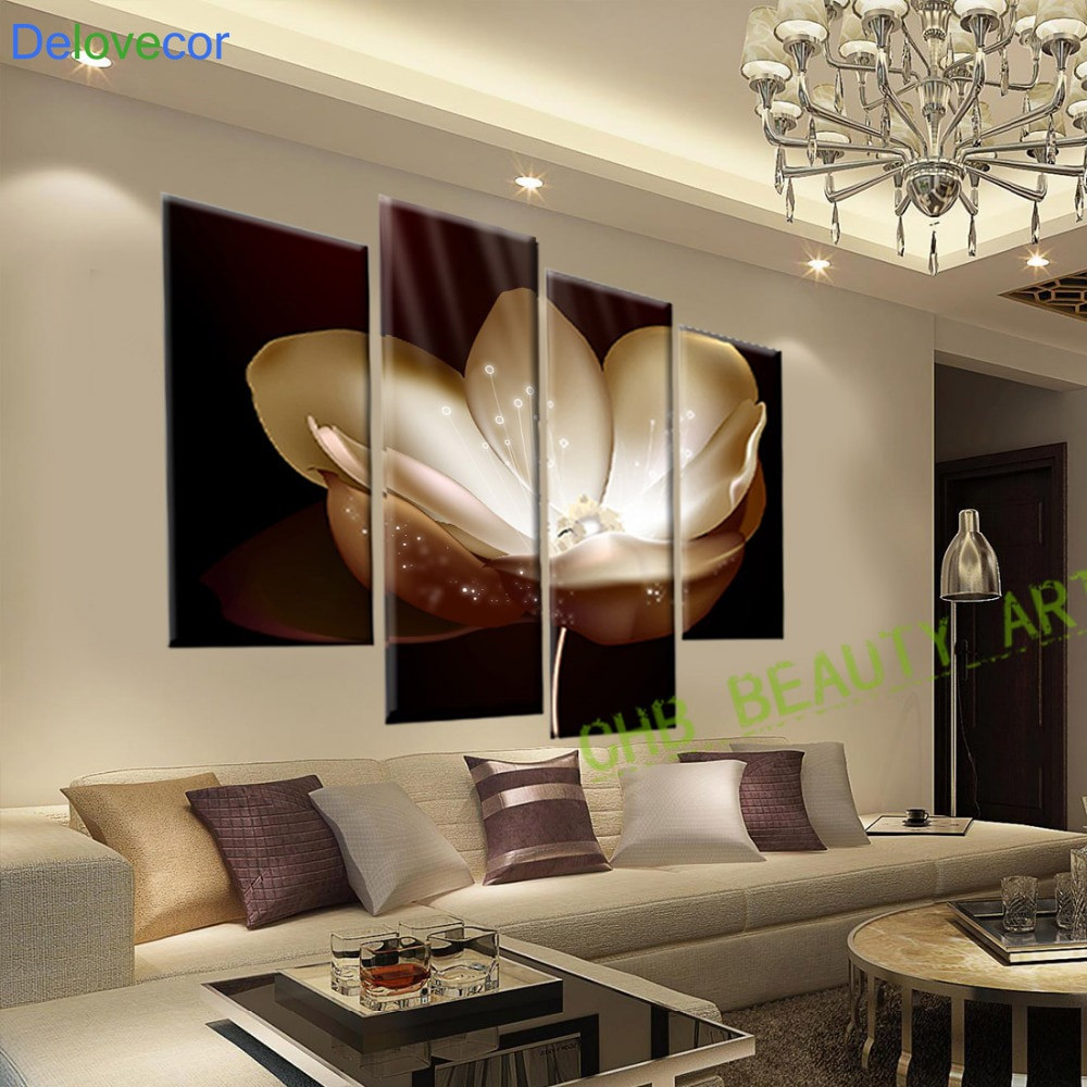 Living Room Wall Pictures
 4 Panel Gold Flower Printed Painting Canvas Picture Wall